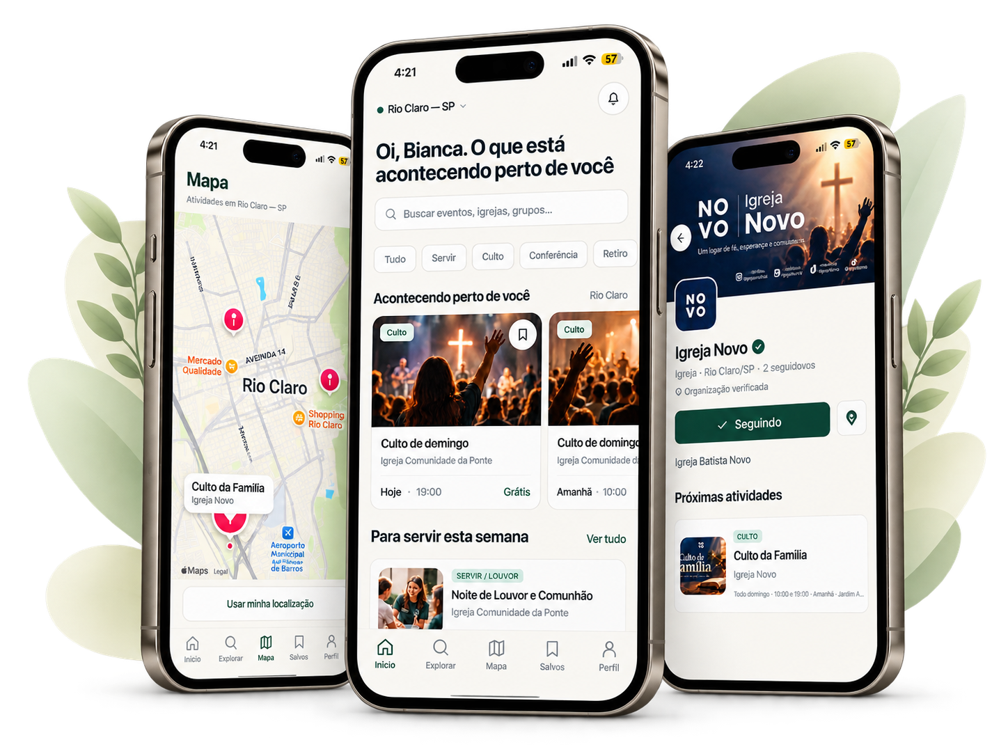 Três telas do app Participaí: mapa de atividades em Rio Claro, início com eventos perto de você e perfil da Igreja Novo